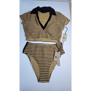 Robin Piccone Parker Stripe Bikini Set Womens Ecru/Black Medium NEW with Tags